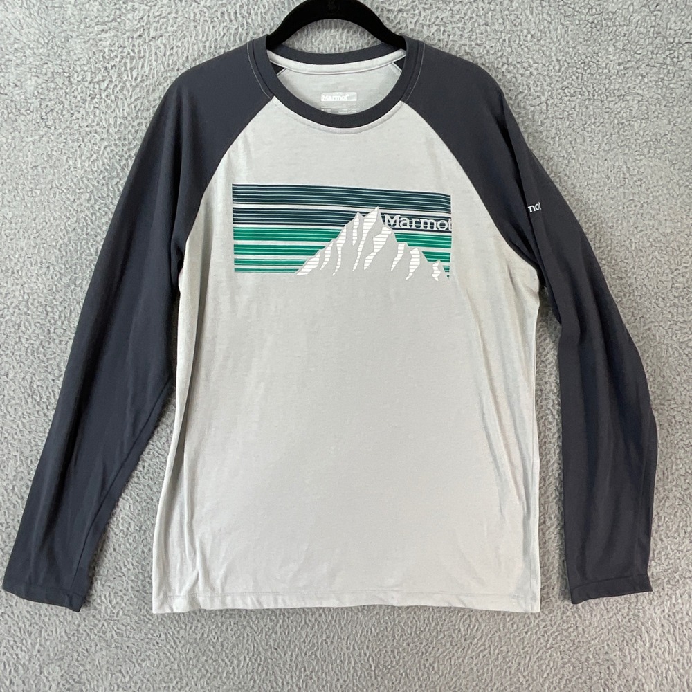 Marmot Long Sleeve T-Shirt Mens M Grey Raglan Mountain Graphic Hiking Camping